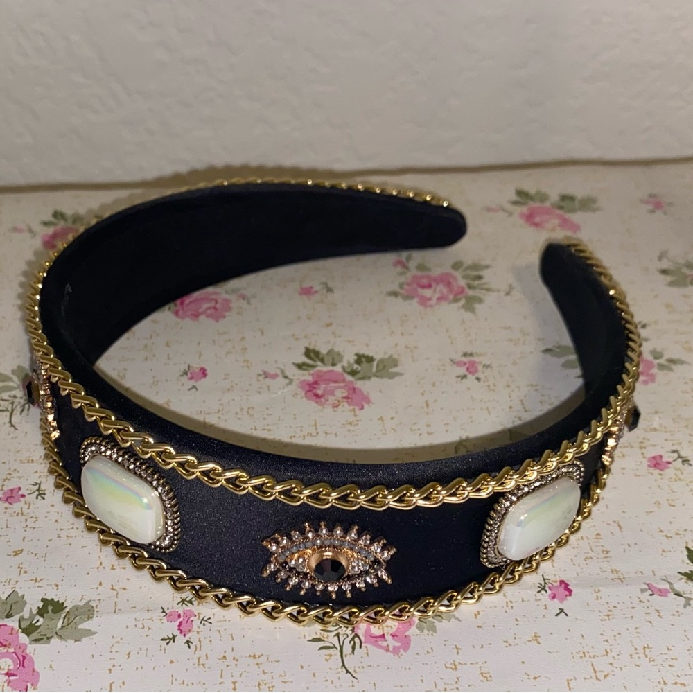 Elegant Black and Gold Headband with Gem Accents